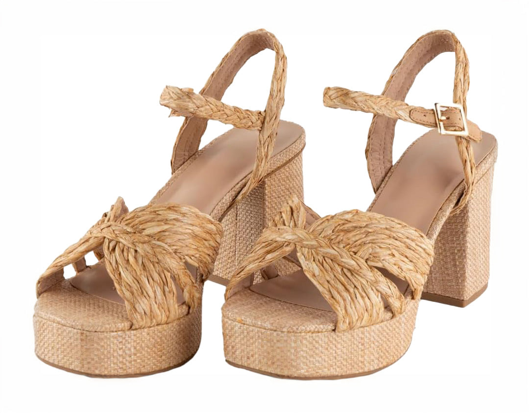 Women's All Over Braided Raffia Platform Heeled Sandals