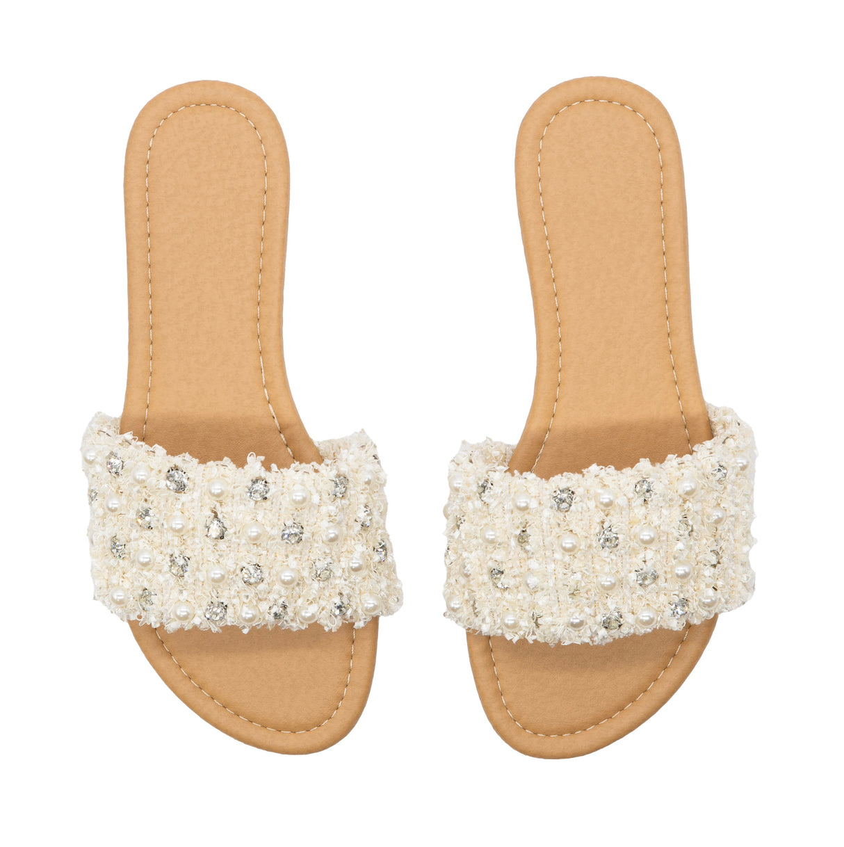 Women's Flat Sandals With Pearl and Rhinestone Detail