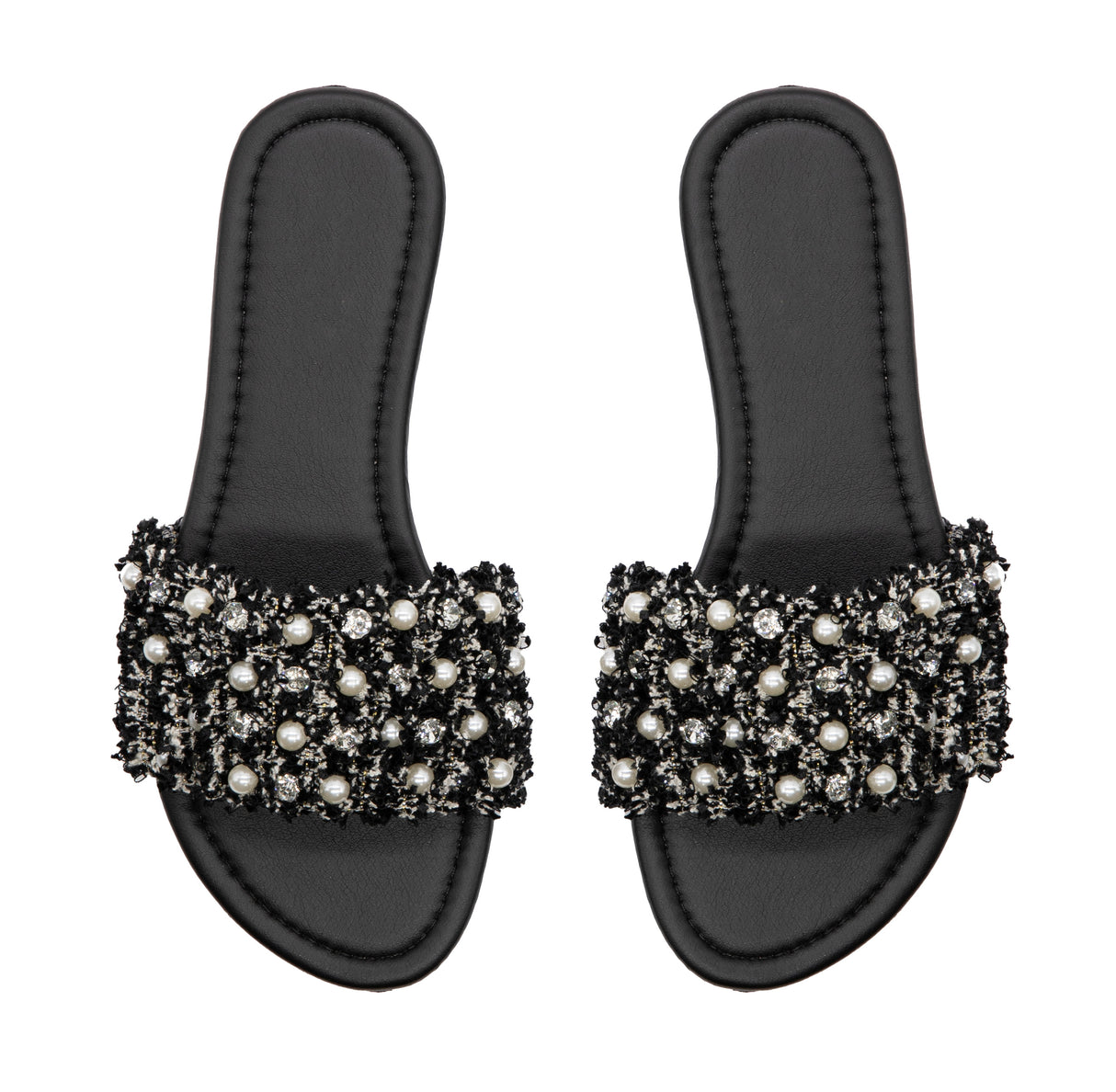 Women's Flat Sandals With Pearl and Rhinestone Detail