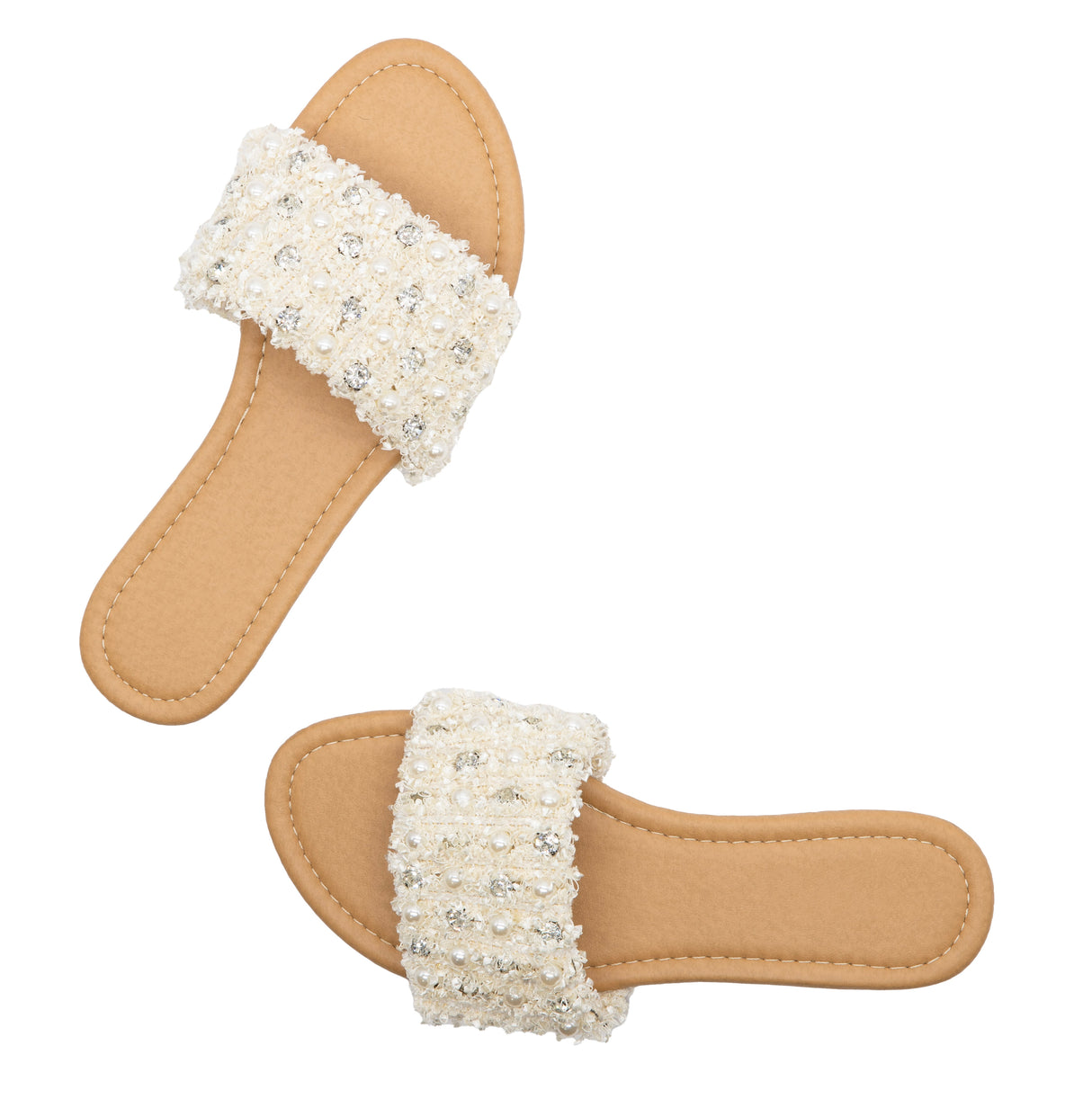 Women's Flat Sandals With Pearl and Rhinestone Detail