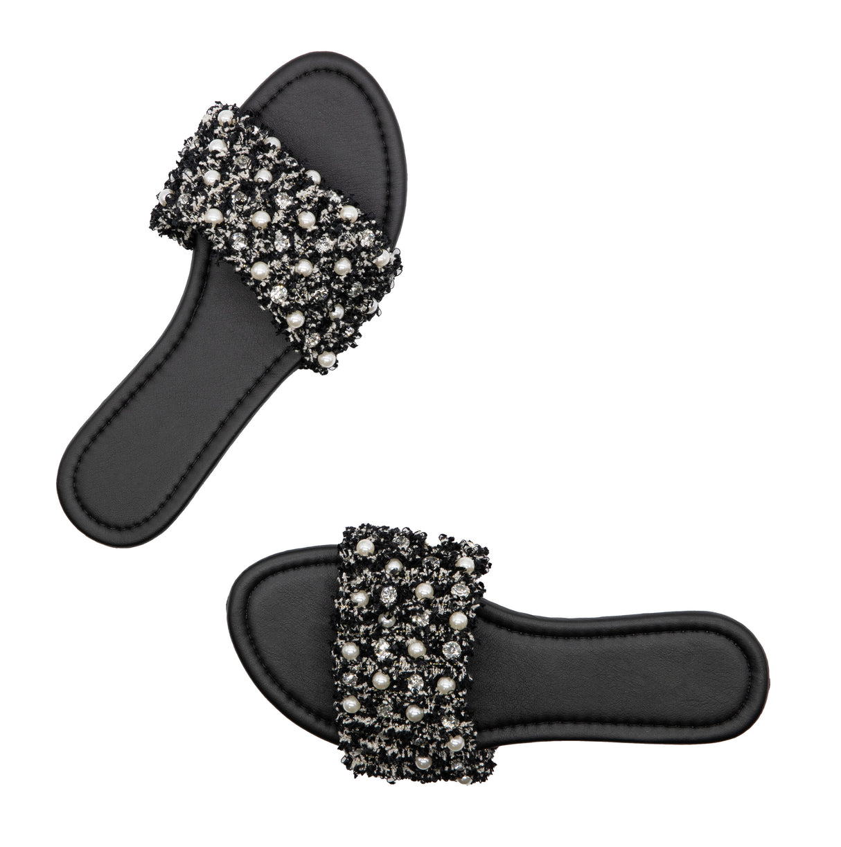 Women's Flat Sandals With Pearl and Rhinestone Detail