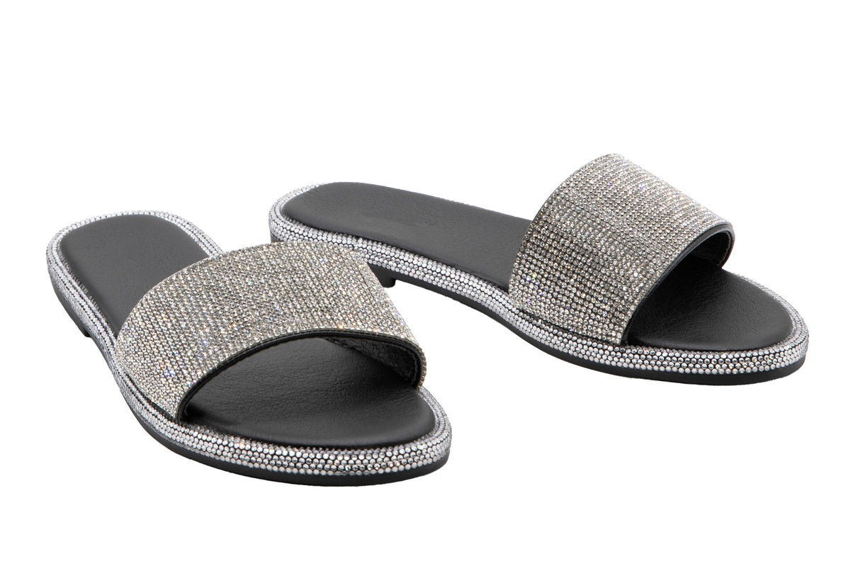 Women's Round Toe Rhinestone Detailed Flat Slide Sandal