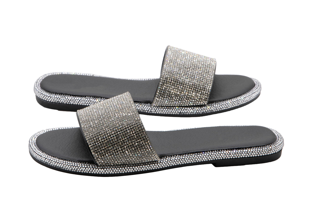 Women's Round Toe Rhinestone Detailed Flat Slide Sandal