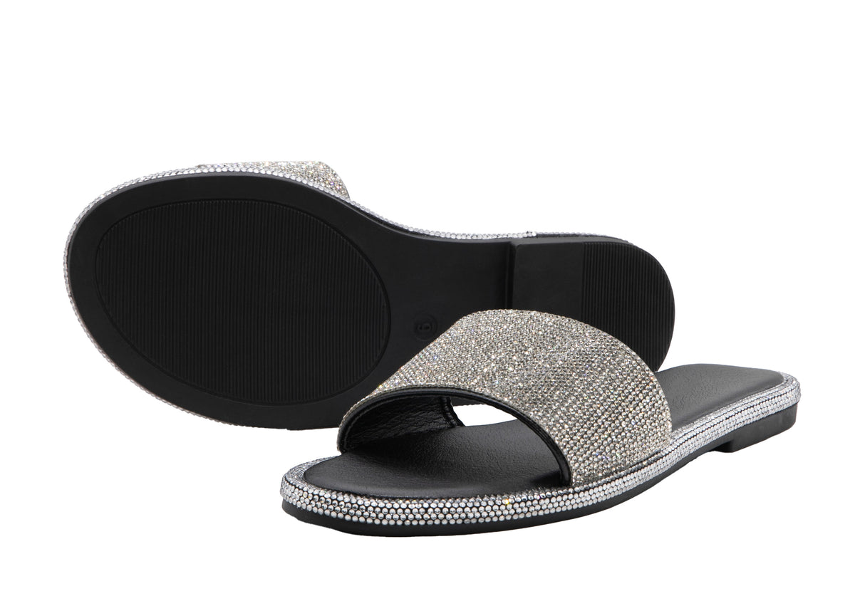 Women's Round Toe Rhinestone Detailed Flat Slide Sandal